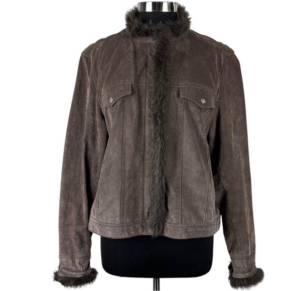 Y2K CROPPED SUEDE LEATHER FAUX FUR TRIM CHOCOLATE BROWN JACKET COLDWATER CREEK - Picture 3 of 15